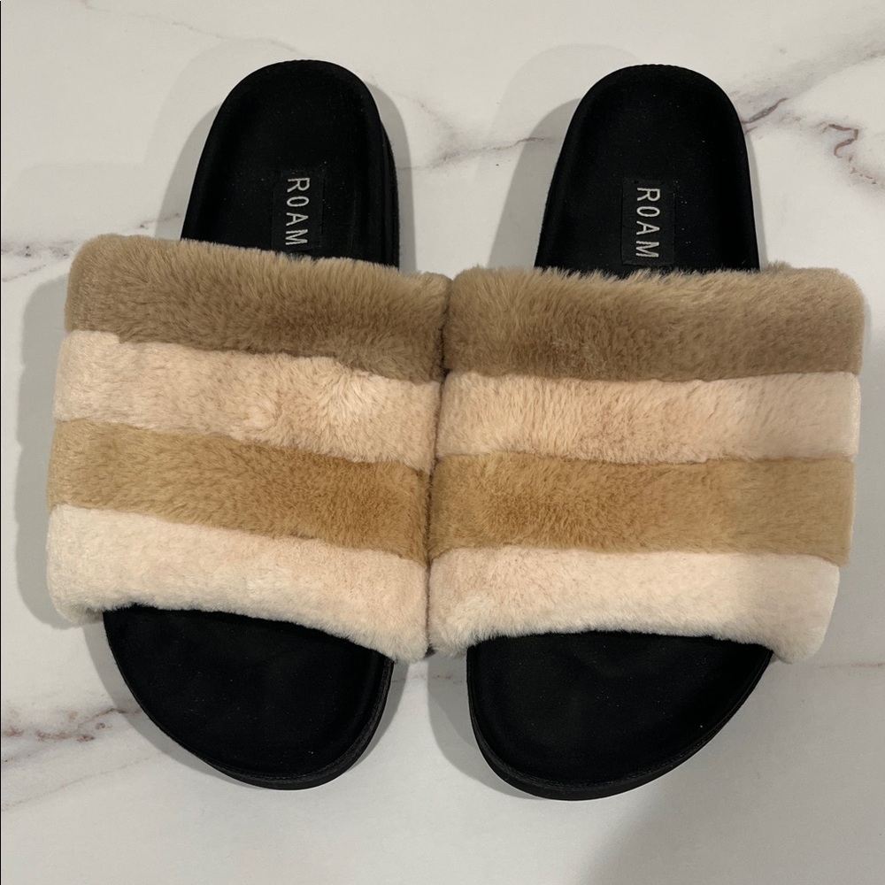 ROAM Women's Plush Furry Slippers - Brown and Cream